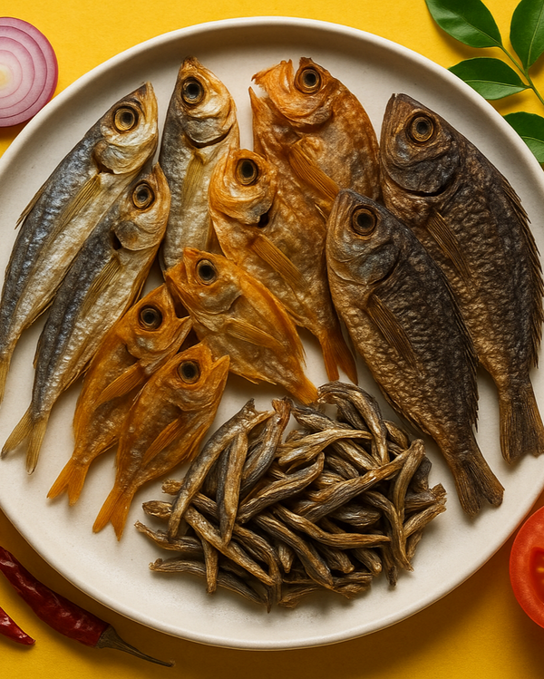 Square format dried fish with onions, tomatoes, curry leaves and red chilies