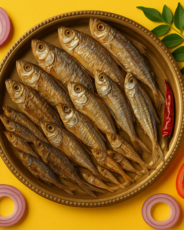 Square format dried fish with onions, tomatoes, curry leaves and red chilies
