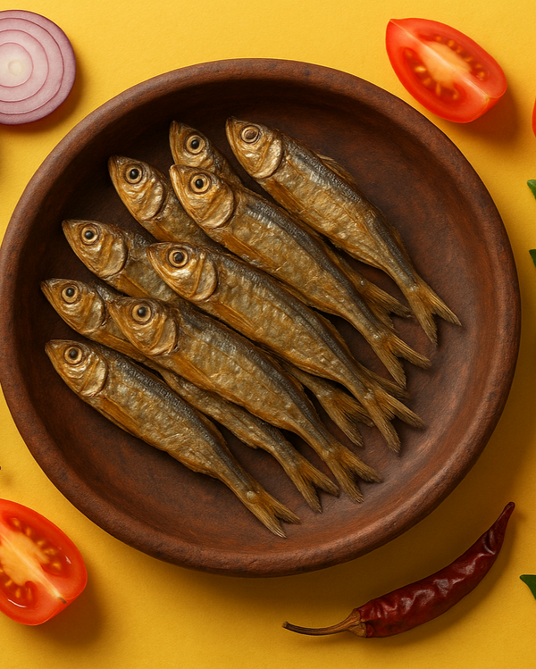Square format dried fish with onions, tomatoes, curry leaves and red chilies