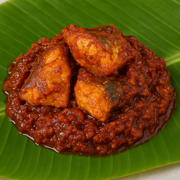 Square format Emperor karuvadu thokku on banana leaf