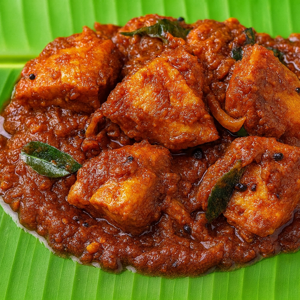 Square format Milk Shark thokku with rich masala, semi-gravy, fried curry leaves and mustard on banana leaf