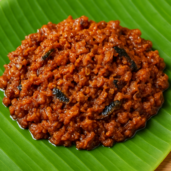 Square format Sardines karuvadu thokku with small smashed fish pieces on banana leaf