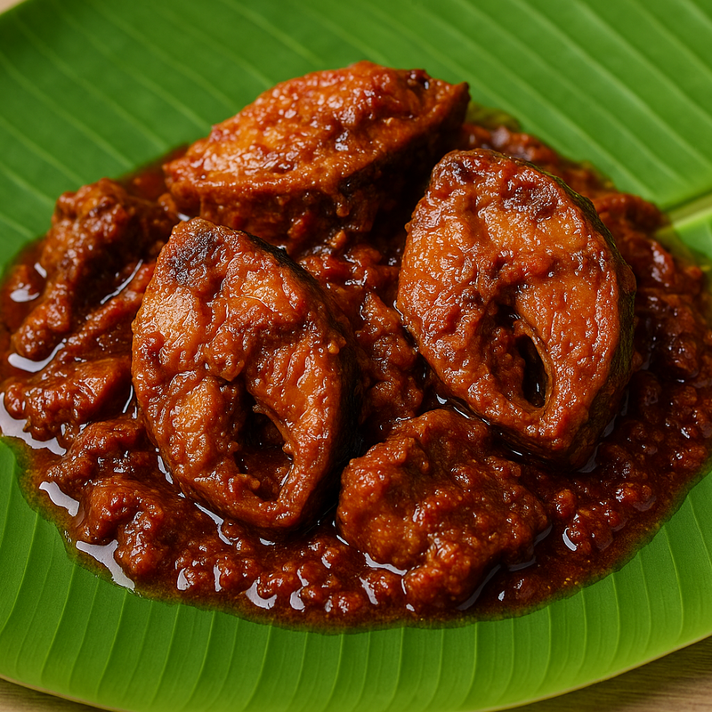Square format Vanjaram karuvadu thokku on banana leaf