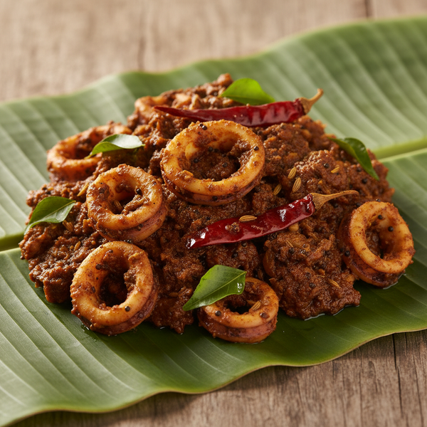 Squid Thokku Cut Pieces with Masala on Banana Leaf