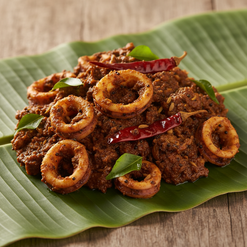 Squid Thokku Cut Pieces with Masala on Banana Leaf